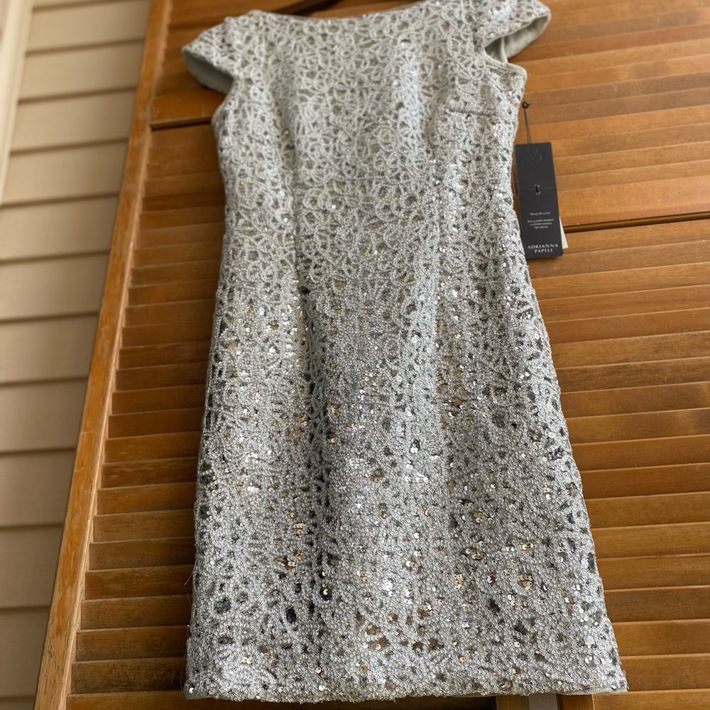 SZ 8 ADRIANNA PAPELL SILVER SEQUINED DRESS